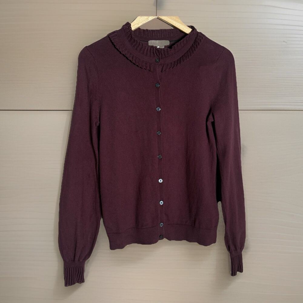 Boden Ruffle Neck Cardigan Sweater Womens Sz 6 Puff Slv Cotton Wool, Maroon EUC